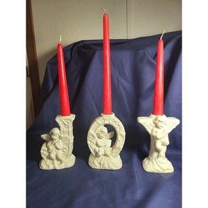 J O Y  Candle Stick Holders With Cherubs 3 piece Ceramic Set for Taper Candles